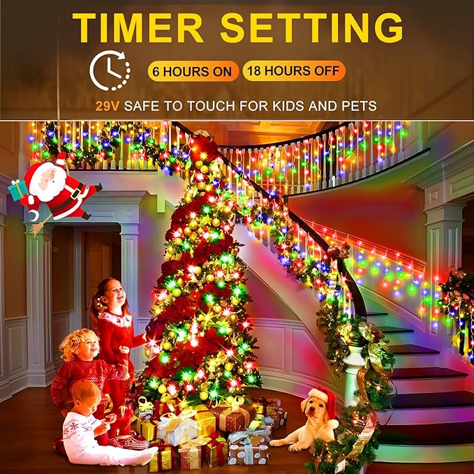 KNONEW Christmas Lights Outdoor Decorations 400 LED 33ft 8 Modes Curtain Fairy String Light with 75 Drops, Clear Wire LED String Light for Wedding Party Holiday Christmas Decorations Multicolor
