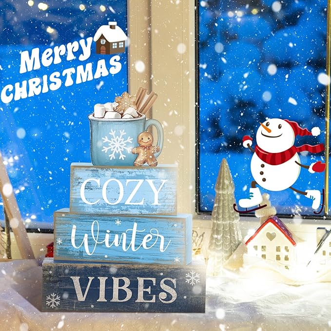 4 Pcs Christmas Table Decoration Wooden Hot Cocoa Decor Winter Tiered Tray Decor Christmas Centerpiece Rustic Decorative Hot Cocoa Block Sign Farmhouse Winter Decoration for Home Kitchen