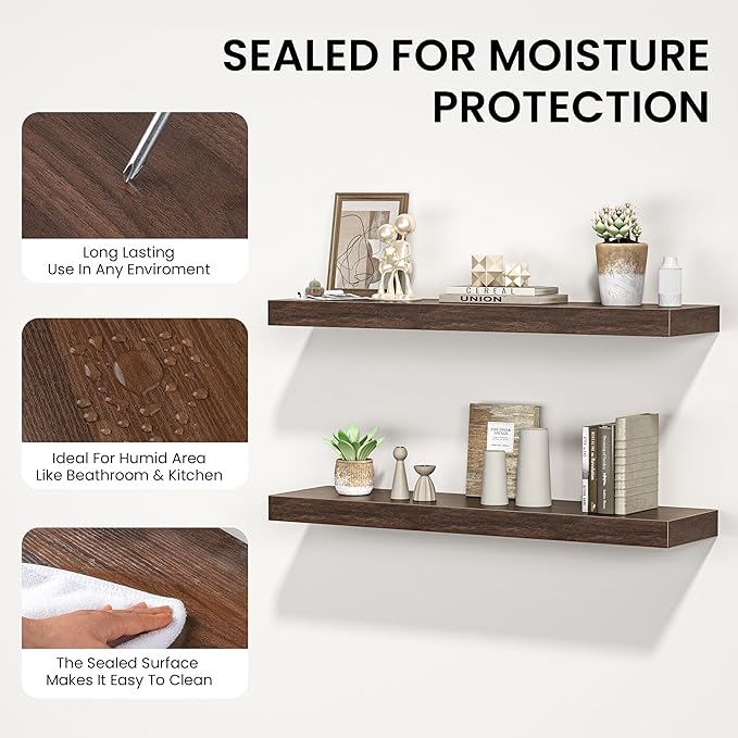 Floating Shelves for Wall, 55"W x 9.3"D x 1.5"H, Long Wooden Wall Mounted Display Shelves with Invisible Brackets for Living Room, Bedroom, Bathroom, Kitchen Decor and Storage, Set of 1, Walnut