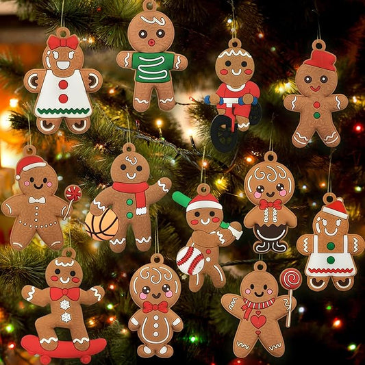 12pcs Christmas Gingerbread Man Ornaments for Christmas Tree Decorations Assorted Plastic Gingerbread Figurines Xmas Holiday Decorations 3 Inch Tall