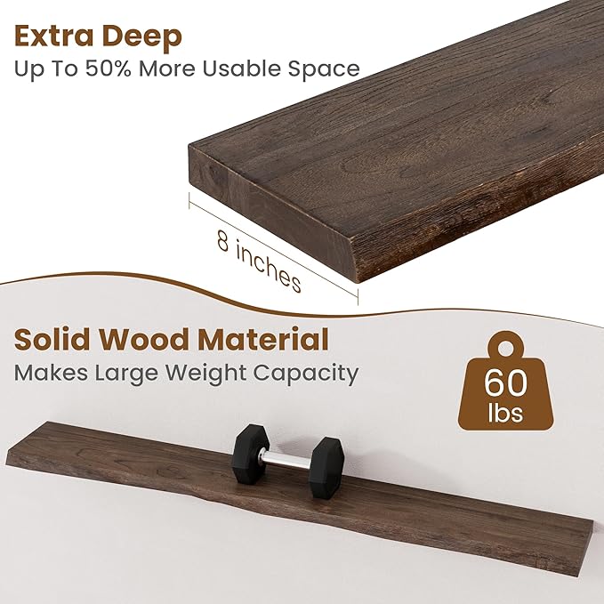 Floating Shelves for Wall Decor, Rustic Solid Elm Wood Floating Shelves Wall Mounted, Wall Shelves with Invisible Bracket for Living Room Bathroom Bedroom Kitchen, 55 Inch, Walnut