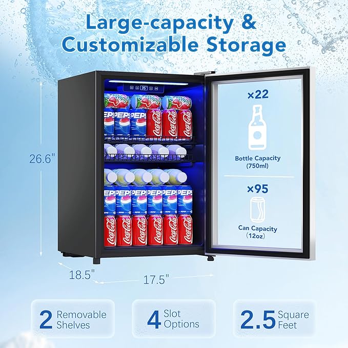2.5 Cu.Ft Beverage Fridge, Mini Fridge With Glass Door, Beverage Cooler Refrigerator, Wine Drink Beer Cooler, Adjustable Shelves & Digital Temperature Display, 22 Bottle 95 Can