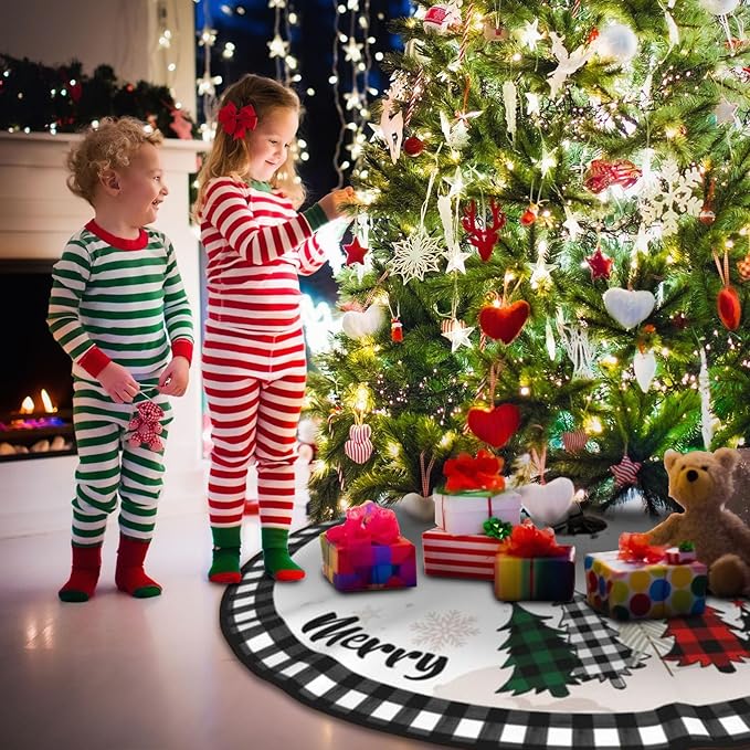 Christmas Tree Skirt 48 Inch Buffalo Plaid Xmas Tree Skirts Rustic Vintage Farmhouse Black and White Christmas Decoration Ornaments for Merry Christmas Holiday Party Indoor Outdoor