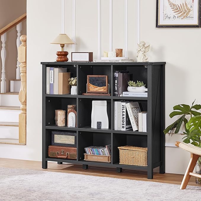 9 Cube Bookcase, Farmhouse 47 Inch Wide Black Bookshelf, Wooden 3 Tier Display Large Open Book Shelf, Vintage Horizontal Book Case for Home Office, Cubby Storage Cabinet for Living Room