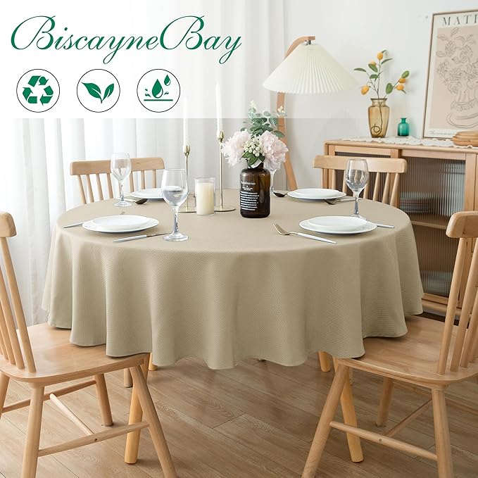 Biscaynebay Textured Fabric Round Tablecloths 70", Natural Water Resistant Table Cloth Circle Folding Table Covers for Dining, Kitchen, Wedding, Parties etc. Machine Washable