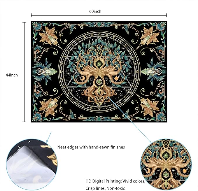 Tree of Life Tapestry - Natural Hippie Wall Hanging, UV Resistant, Machine Washable, Lightweight, Psychedelic Witchcraft Bedroom Decor for Bedroom, Living Room, Yoga Room - 60x44 Inch