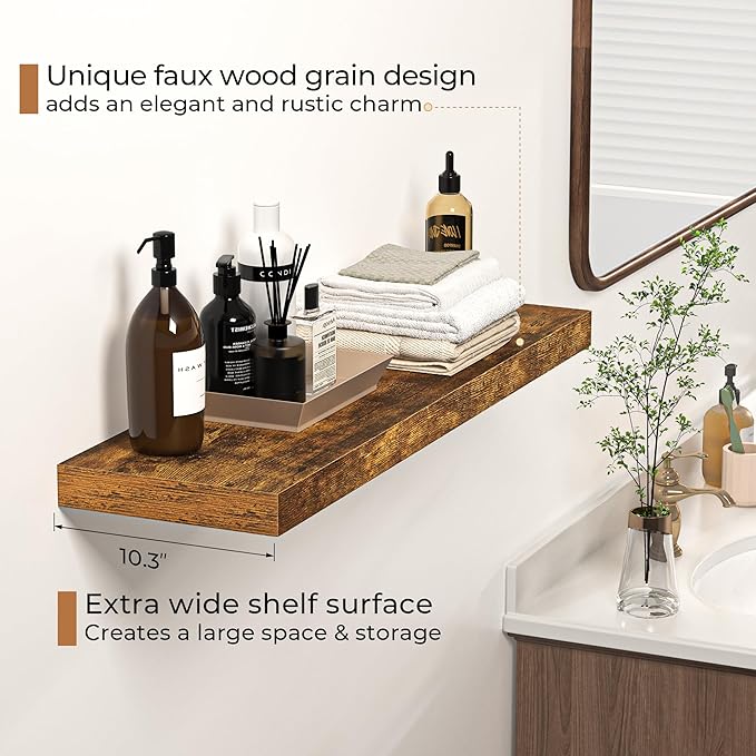 Floating Shelves - 10.3 Inch Deep Wall Shelf for Decor & Storage - Wall Mounted Display Shelving with Invisible Heavy-Duty Metal Bracket - 36" W x 10.3" D x 1.8" H - Set of 1 - Rustic Brown