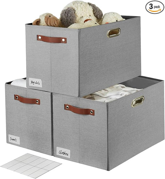 3-Pack Foldable Fabric Storage Bins with Durable PU & Metal Handles, Collapsible Storage Baskets for Shelves, Home Storage, Closet Organizers, Living Room(17"x11.8"x11.8", Grey)
