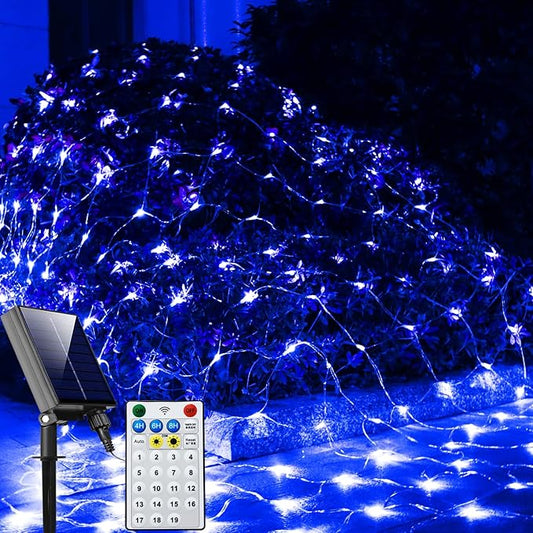 Solar Net Lights Outdoor Mesh Lights Blue, 200 LED Net Lights Christmas, Waterproof 19 Modes Timer Tree Wrap Lights for Fence, Garden, Yard, Bushes, Trunk, Halloween Decor-9.8ft x 6.6ft