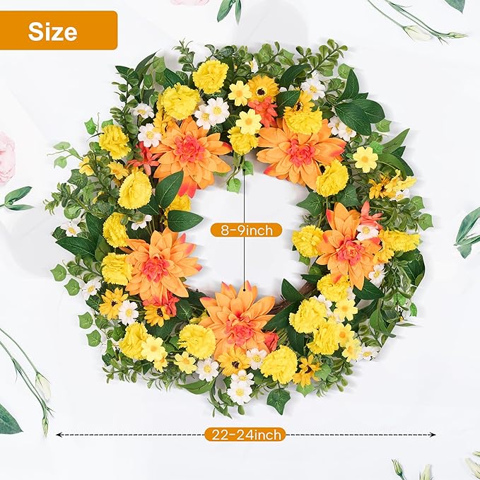 GENMOUS 24Inch Fall Wreaths for Front Door, Autumn Wreath with Dahlias and Daisy, Flower Wreath Home Decor for Autumn Thanksgiving Farmhouse Indoor Wall Window Garden Porch Fall Decor