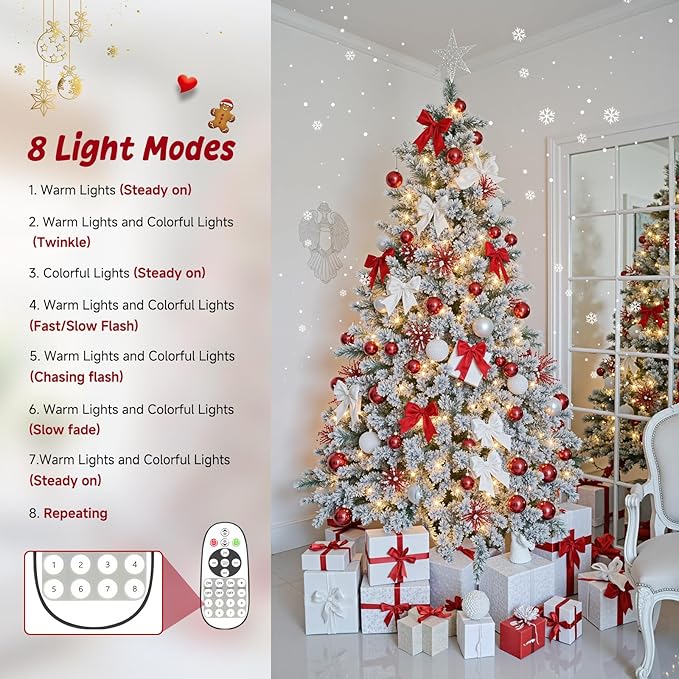 7.5ft 360° Rotating Pre-Lit Snow Flocked Christmas Tree, Built-in Music, Remote Control, 8 Light-Modes, White Christmas Tree for Home Decor