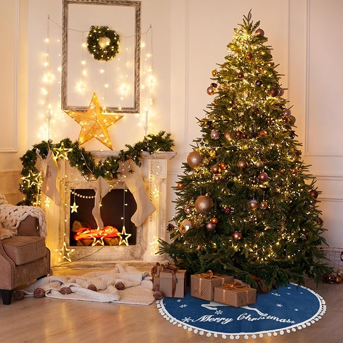 24 Inch Christmas Tree Skirt, Burlap Blue Christmas Rustic Tree Skirt with Elk Deer and White Snowflake Printed for Holiday Party Xmas Tree Decoration