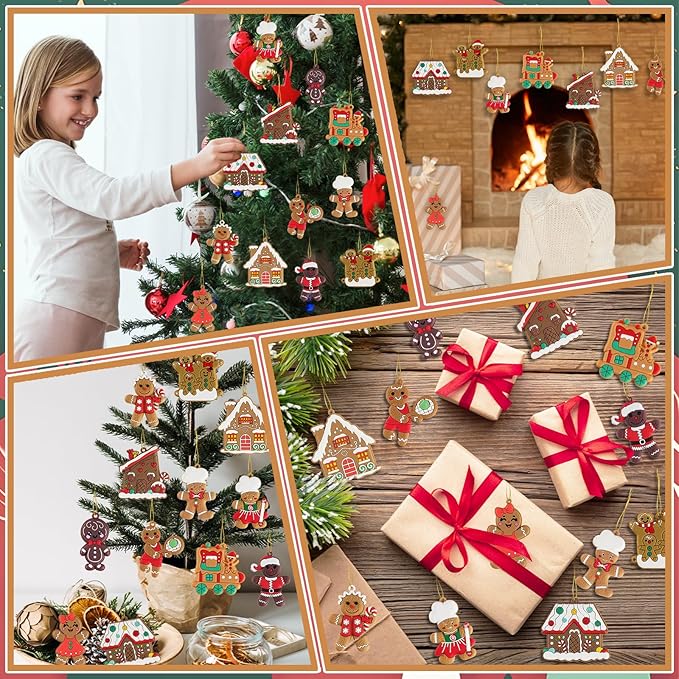 12pcs Gingerbread Man Ornaments for Christmas Tree, Assorted Gingerbread Figurines Decorations with Gingerbreads House Ornaments for Holiday Christmas Tree Home Decor