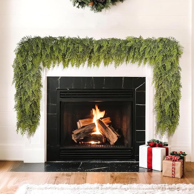 5FT Real Touch Cedar Garland for Fireplace - Artificial Christmas Garlands Realistic Faux Greenery Fake Pine Needles Garland for Holiday,Table, Window,Mantel,Stairs, Home,Indoor Outdoor Decor (2PCS)