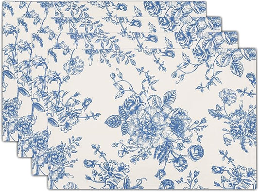 Blue Floral Placemats Set of 4 Vintage Flower Blue and Cream Washable Non-Slip Heat Resistant Place Mats 12x18 Inch Spring Summer Linen Table Mats for Kitchen Dining Party Decor