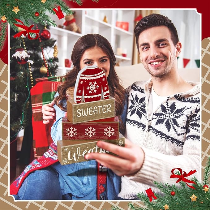 4 Pcs Christmas Table Decor Wooden Sweater Decoration Christmas Table Centerpiece Winter Tiered Tray Decor Decorative Sweater Block Signs Gift Farmhouse Xmas Decoration for Home Kitchen