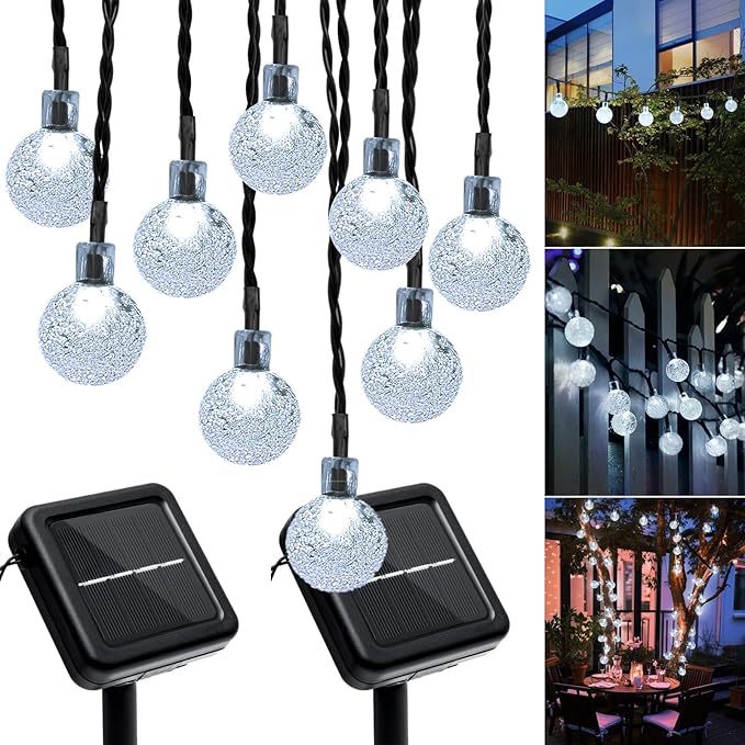 Outdoor Solar String Lights, 2x46FT 66LED 8Modes Crystal Solar Powered Christmas Fairy String Lights Waterproof for Outside Yard Fence Easter Holiday Party Garden Decor 2Pack(Pure White)