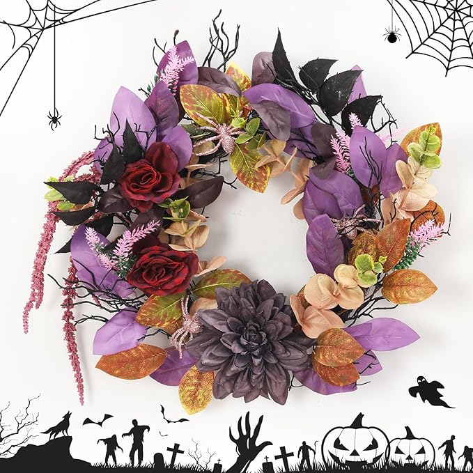 GarveeHome 18 Inch Halloween Wreath, Halloween Garland with Artificial Roses & Spiders, Indoor Outdoor Holiday Accent Decoration for Front Door Porch Wall Home Party Window, Red & Purple