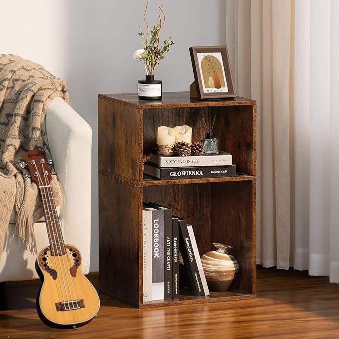 LEYAOYAO 2 Cube Bookshelf,Brown Record Player Stand Holds up to 100 Albums, Mini Wood Book Shelf Storage Organizer,Turntable Stand with Vinyl Storage Cabinet, Narrow Open Bookcase for Small Spaces