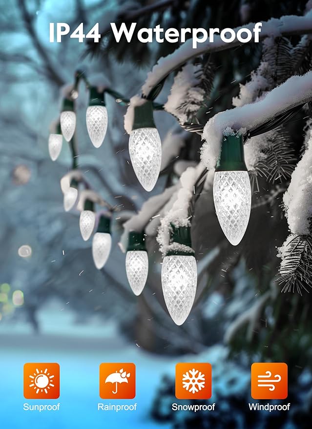 Brightown Outdoor Christmas Lights, 100 Ft C9 LED Commercial String Lights with Pure White Strawberry C9 Bulbs, Waterproof Connectable UL Certified C9 Lights for Indoor Yard Xmas Tree House Decor