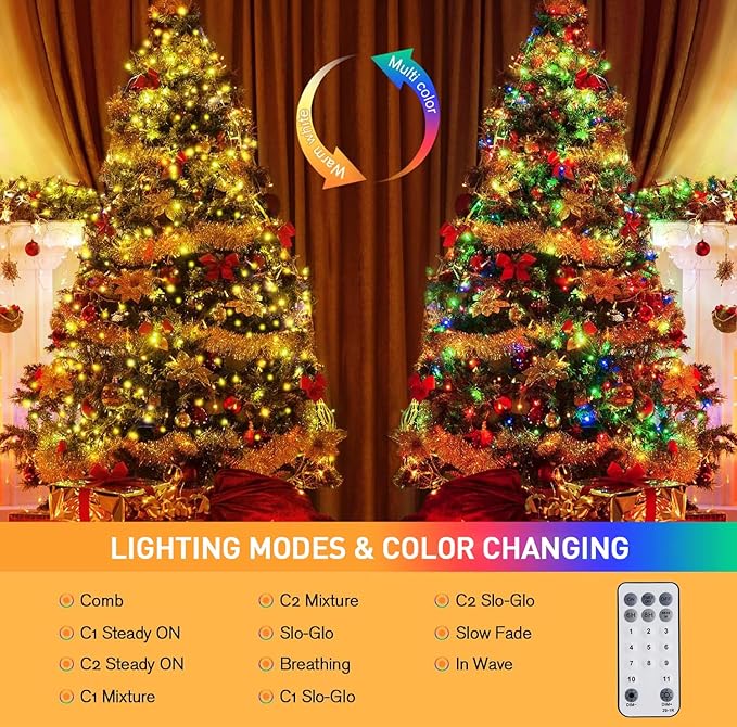JMEXSUSS 33ft 100 LED Color Changing String Lights Plug in, Warm White & Multicolor Christmas Tree Lights Indoor, Christmas String Lights Outdoor Waterproof for Xmas Indoor Decor