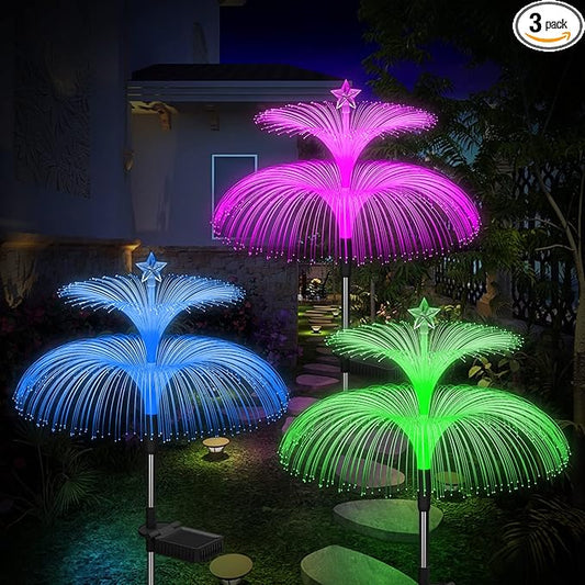 Solar Garden Lights 3 Pack New Upgraded Solar Lights Outdoor Waterproof 7 Color Changing Double Jellyfish and Star Flower Garden Decor Yard Lawn Christmas Outdoor,Gifts for Mother's Day Women
