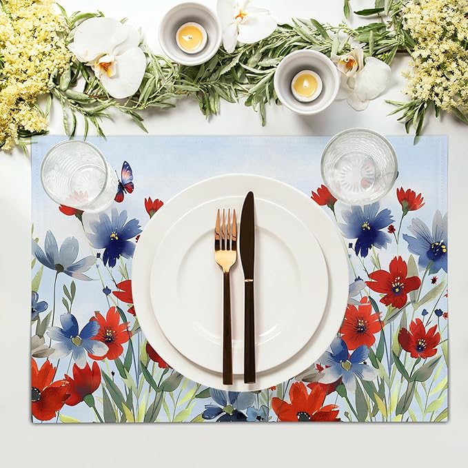 4th of July Floral Placemats Set of 4 12x18 Inch Patriotic Red Blue Watercolor Flowers Washable Non-Slip Heat Resistant Place Mats Memorial Day Independence Day Table Mats
