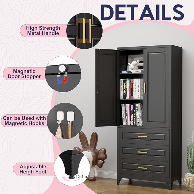 Pantry Kitchen Cabinet with Drawer, 75" Tall Pantry Storage Cabinet, Metal Storage Cabinets with Doors and Shelves, Large Freestanding Cupboard for Dining Room, Assembly Required, Black