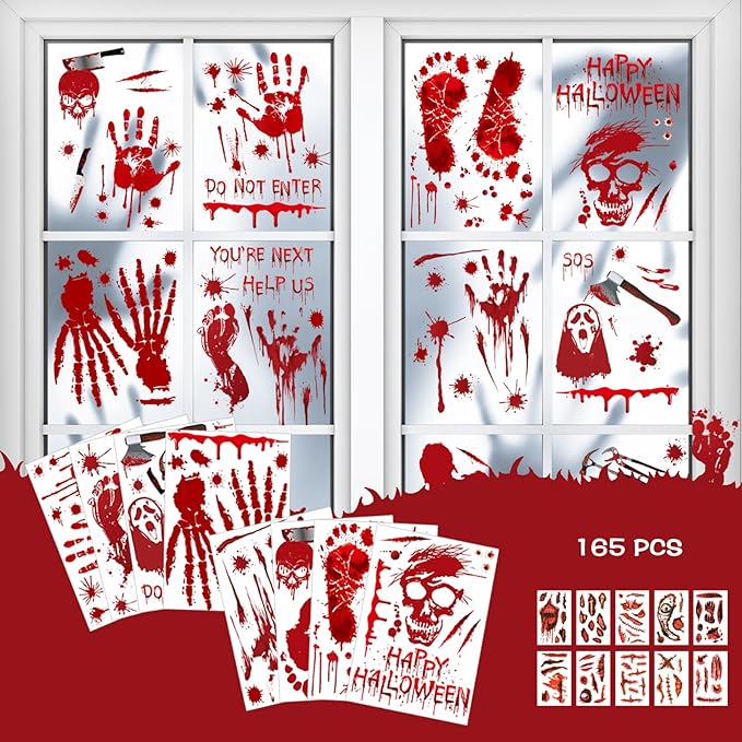 Halloween Decorations 165 PCS, 8 Sheets Bloody Handprint Footprint Halloween Wall Decal Floor Window Stickers,10 Sheets Wound Tattoo Stickers, Scary Party Decorations Window Stickers