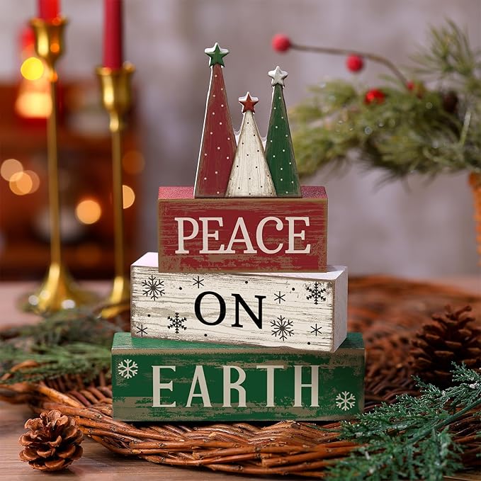4 Pcs Christmas Table Decoration Wooden Christmas Tree Sign Winter Tiered Tray Decor Decorative Red Green and White Tree Block Signs Xmas Table Centerpiece Farmhouse Decor for Home Kitchen