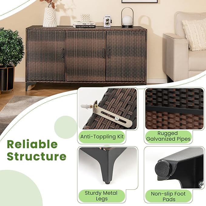 RELAX4LIFE 84-Gallon Outdoor Storage Box - Wicker Rattan 3-Door Patio Storage Cabinet Container w/Removable Shelves for Cushions, Garden Tools, Pool & Sports Equipment, Indoor Outdoor Deck Box (Brown)