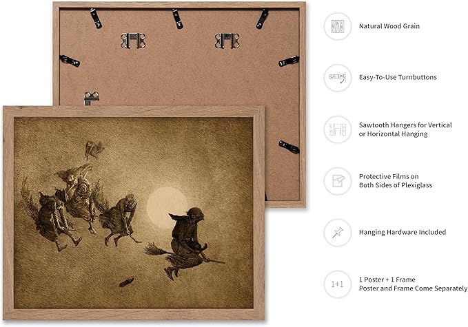 Poster Master Vintage William Holbrook Beard Poster - Retro Occult Print - Gift for Gothic, Horror Fan - The Witches Ride, Pagan, Goth, Magic - Wall Decor for Bedroom, Dorm, 11x14 Beige Framed