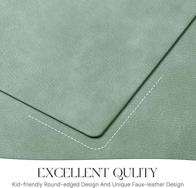 MOSAYT Vinyl Placemats Set of 8-12 X 17 Inch - Faux Leather 100% Waterproof Oil-Proof Wipeable PU Place Mats, Heat Resistant Reversible Table Mats for Kitchen, Dining, Outdoor (Green)