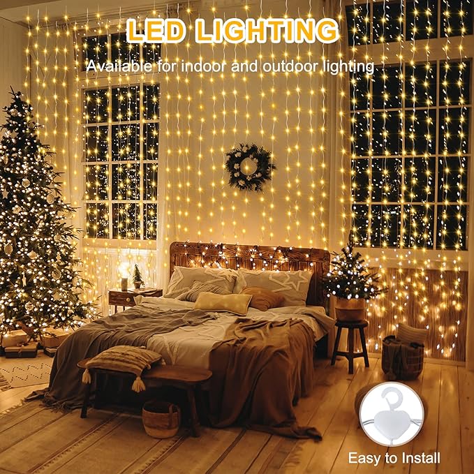 Curtain Lights Battery Operated, 200 LED 6.6Ft x 6.6Ft Dual Color Changing with Remote Timer, Outdoor Curtain Lights Waterproof for Wedding Bedroom Holiday Party Decor (Warm White & Multicolor)