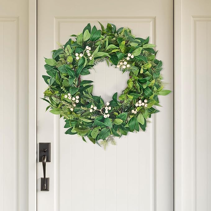 GENMOUS 24 Inch Christmas Wreaths for Front Door, Green Cypress Leaves Wreath with Cedar Laurel White Berries, All Season Indoor Outdoor Wedding Holiday Christmas Home Wall Door Porch Decor