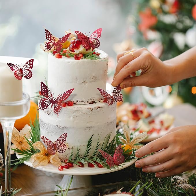 SAOROPEB 3D Butterfly Wall Decor - 48 Pcs, 4 Styles, 3 Sizes - Removable Stickers (Blood Red) for Birthday & Party Celebrations