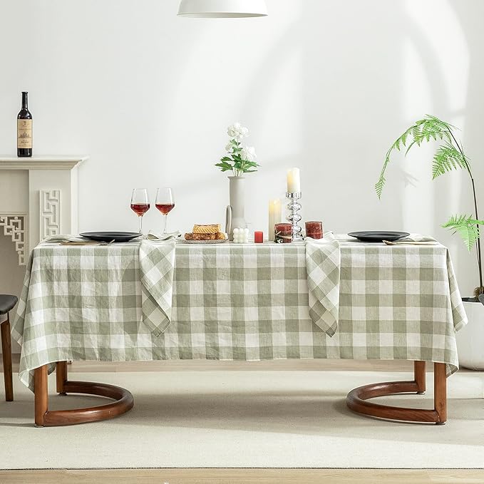 EVERLY 100% Yarn-Dyed Linen Rectangle Tablecloths 60x132Inches for Dining,Buffet Parties,Picnic,Events and Restaurants,Decorative Halloween,Thanksgiving Machine Washable Tablecloths-Sage Green Plaid
