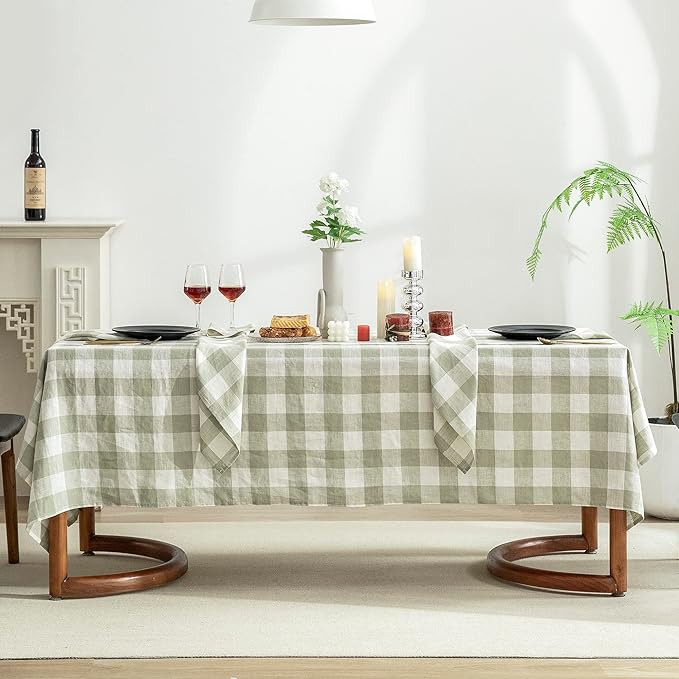 EVERLY 100% Yarn-Dyed Linen Rectangle Tablecloths 60x84Inches for Dining,Buffet Parties,Picnic,Events and Restaurants,Decorative Halloween,Thanksgiving Machine Washable Tablecloths-Sage Green Plaid