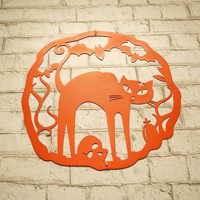 RealSteel Halloween Cat Wreath, 18" Steel, Cottage, Rustic Style, Orange, Wall Decor, Front Door, Living Room, Porch, Haunted House