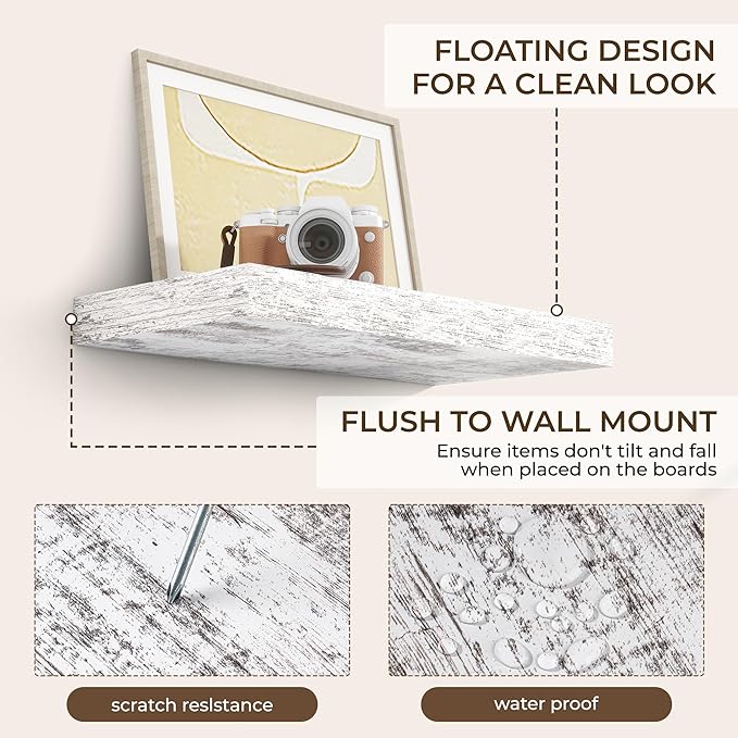 RICHFOCUS 24Inch Floating Shelves for Wall 2 Pack Shelves for Bedroom|Kitchen|Bathroom Wall Mounted Rustic Distressed Wood Floating Shelf with Invisible Brackets for Books|Storage|Decor, Rustic