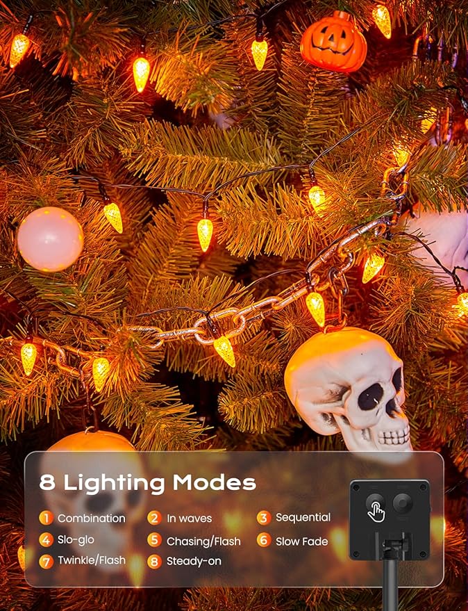 Brightown Solar Operated C6 Halloween Outdoor Lights, 22.64ft 50 LEDs Orange Halloween Lights, Strawberry LED Fairy Lights, Solar Waterproof String Light for Tree, Garden Decor Outdoor Decorations