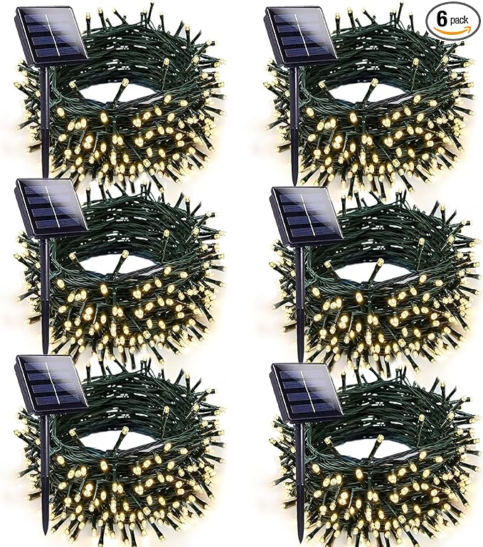 6pk Warm White Solar Christmas Lights Outdoor Waterproof, 600 LED 198FT Solar Powered LED String Lights Green Wire with 8 Modes, Solar Fairy Lights for Xmas Tree Party Wedding Garden Fence Decorations