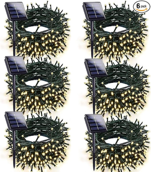 6pk Warm White Solar Christmas Lights Outdoor Waterproof, 600 LED 198FT Solar Powered LED String Lights Green Wire with 8 Modes, Solar Fairy Lights for Xmas Tree Party Wedding Garden Fence Decorations