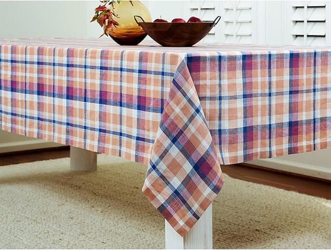 Solino Home Linen Tablecloth 60 x 108 Inch - 100% Pure Linen Plaid Fall Multicolor Table Cloth for Rectangle Tables - Thanksgiving, Autumn, Fall Flavors Madras, Machine Washable Tablecloth