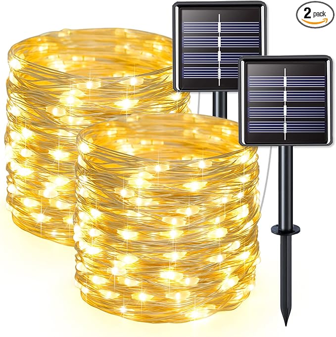 JMEXSUSS 2 Pack Solar String Lights Outdoor Waterproof, Each 33FT 100 LED Warm White Christmas Lights, Waterproof 8 Modes Copper Wire Solar Fairy Light for Outside Patio Tree Yard Garden Decorations