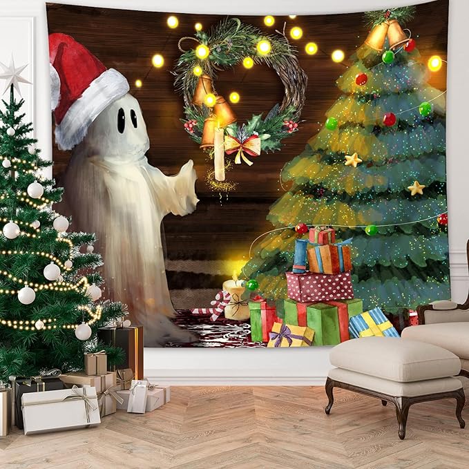 QGHOT Christmas Tapestry Wall Hanging Christmas Tree Backdrop Cute Ghost Wall Decor Xmas Holiday Tapestries for Kids Bedroom Living Room Dorm Party Decoration