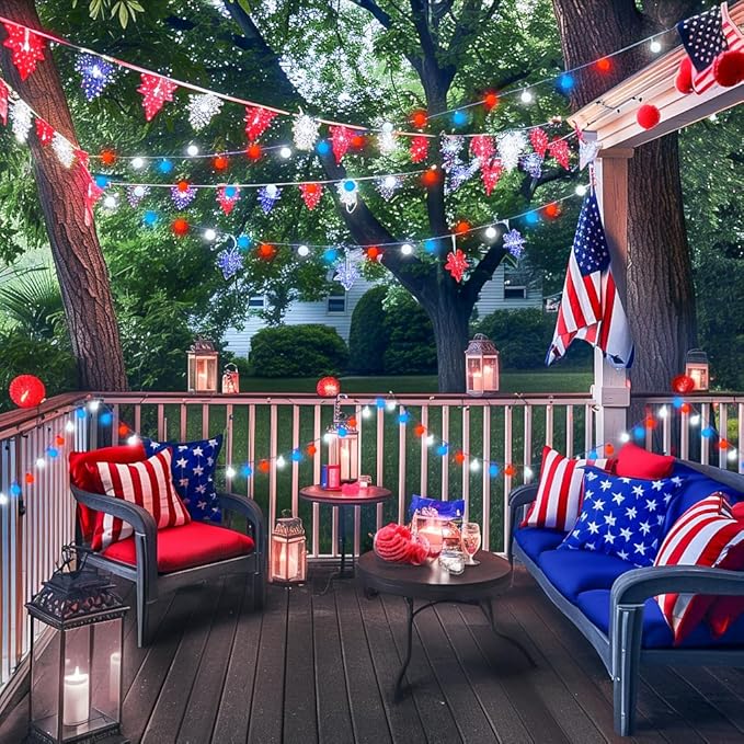 JMEXSUSS Connectable Red White and Blue Lights Indoor Outdoor, 100 LED 33ft 4th of July Decorations Light Plug in, 8 Modes Globe String Lights with Remote for Independence Day Party Patriotic Decor