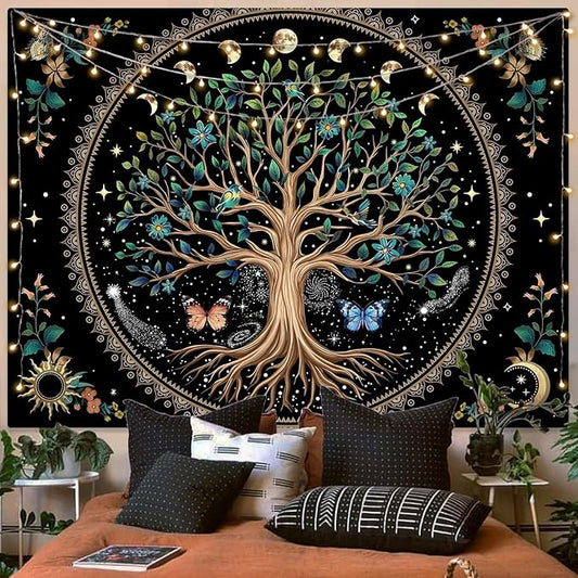 Lunerfex Tree of Life Tapastry Sun and Moon Tapastry Flower Boho Tree Mandala Wall Hanging for Bedroom and Living Room Decor Green Tree 36×48 Inches