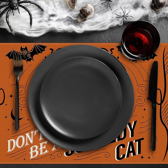 4Pcs Halloween Placemats Pumpkin Bat Black Cat Skeleton Table Mat Vintage Decorative Place Mats for Party Table Setting Decor, 12 x 18 Inch