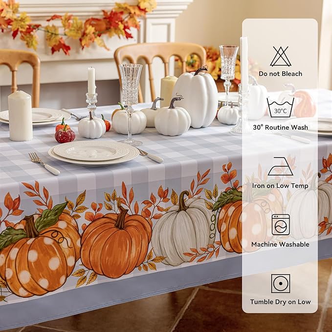 Romanstile Fall Tablecloth Rectangle, Thanksgiving Autumn Harvest Pumpkin Buffalo Plaid Table Cloth, Stain Resistant Washable Table Cover for Party/Dining/Holiday- Grey Blue Checkered, 52x 70 Inch
